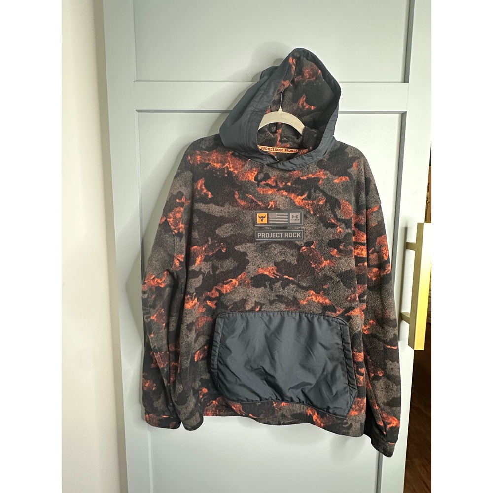 Under Armour Project Rock Freedom Fleece Hoodie Mens Large Orange Black Camo